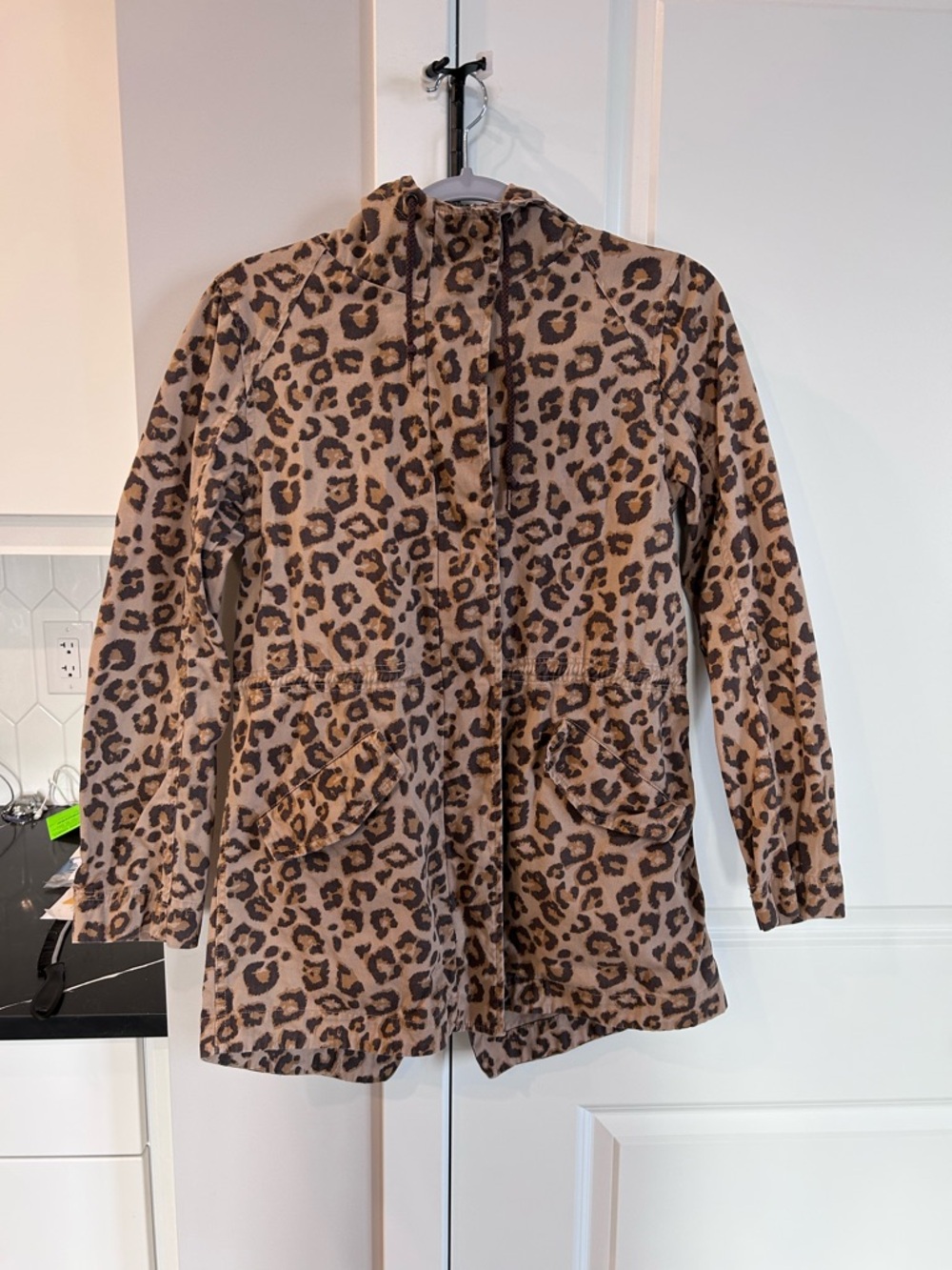 Twik Leopard Print Cargo Utility Jacket Hooded Lightweight AnimalPrint Fall Coat